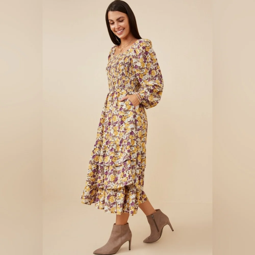 Maternity Dress Long Sleeve Midi Dress Maternity Square Neck - Picture 3 of 5
